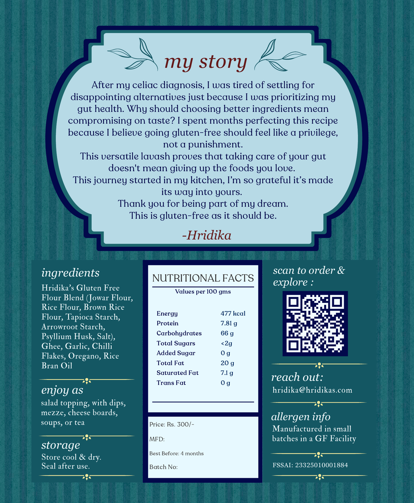 Back of the HridiKa's Gluten Free Herbed Aglio Lavash pack showing ingredients, nutritional facts, allergen and storage information