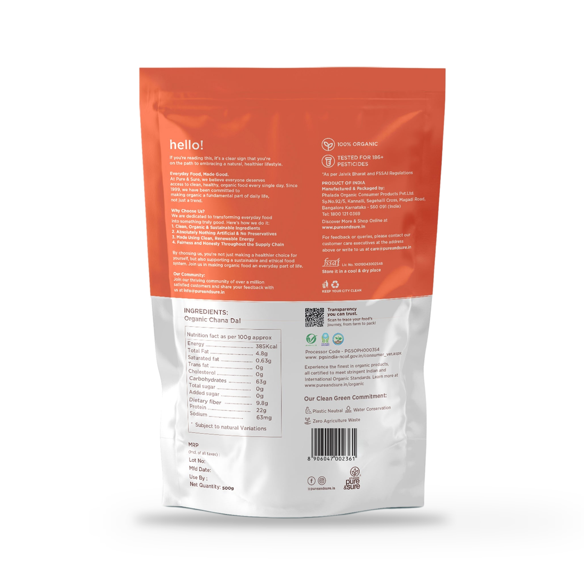 Back of the Pure & Sure Besan pack showing ingredients, the nutrition panel and net quantity, on a plain white background