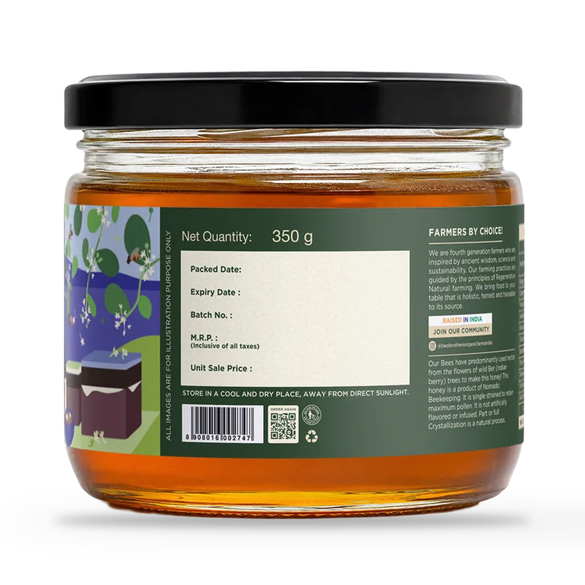 Back label of the Ber Tree Honey 350g jar showing ingredients and nutrition, on a plain white background