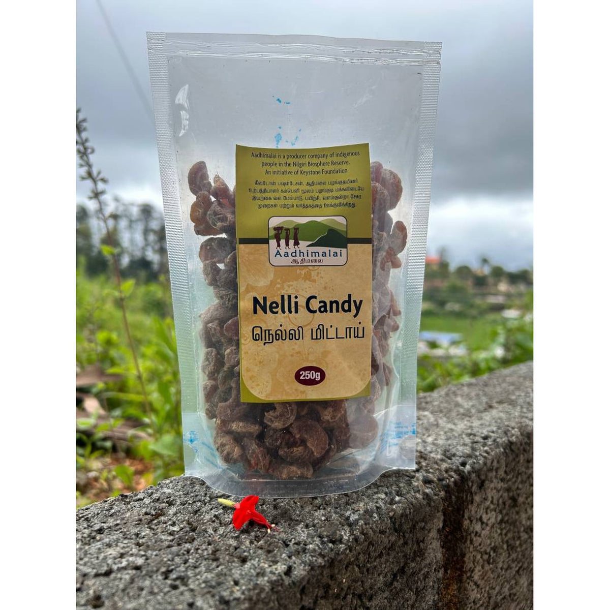 Aadhimalai Nelli Candy pouch photographed outdoors in the Nilgiris