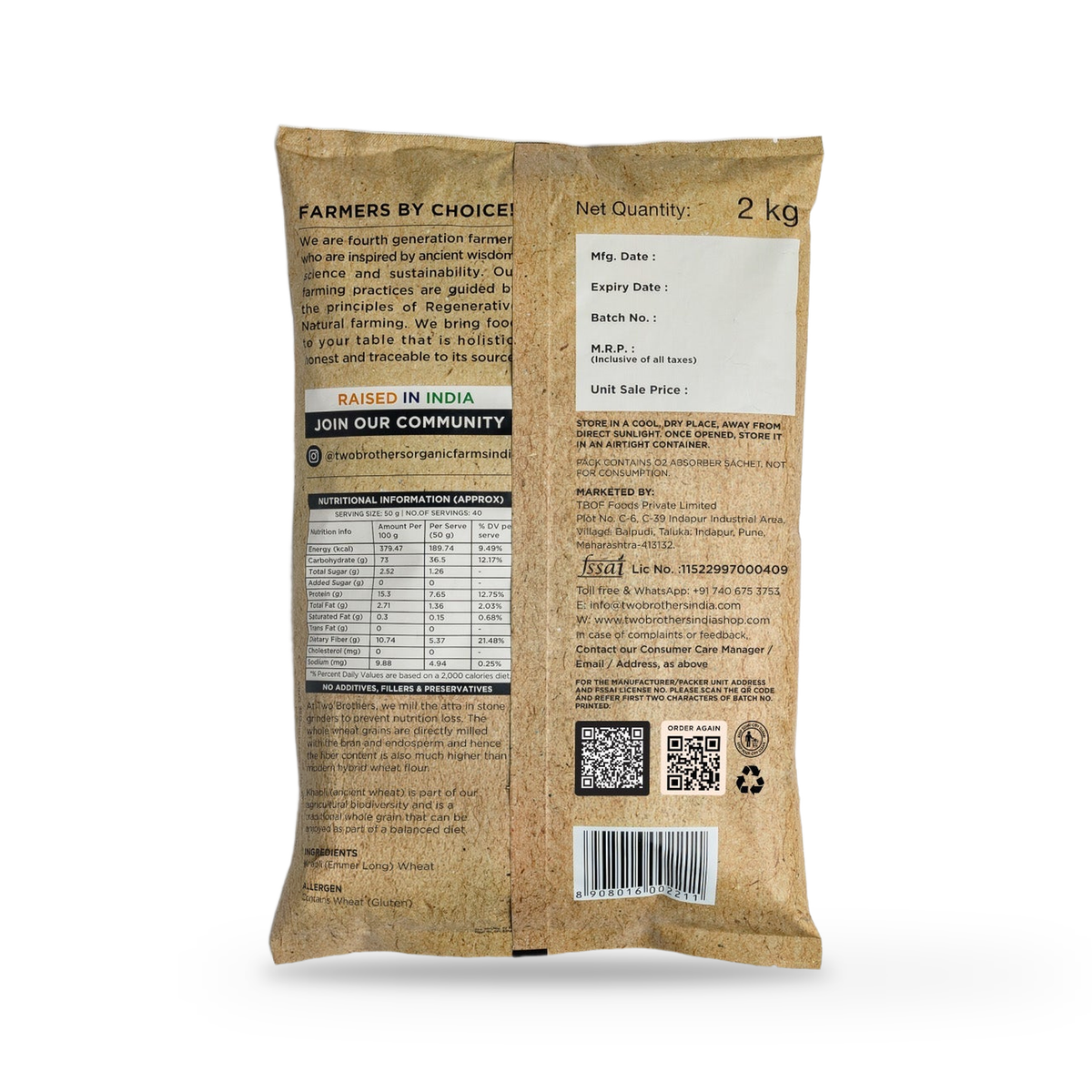 Back of the Khapli Wheat Atta 2kg pack showing the nutrition panel, ingredients and manufacturer details, on a plain white background