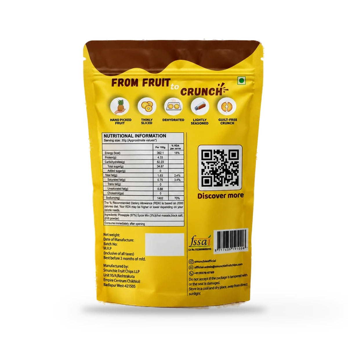 Back of the Smunchie Pineapple Chips Chilli Punch pouch showing nutrition table, ingredients, FSSAI licence and manufacturer details