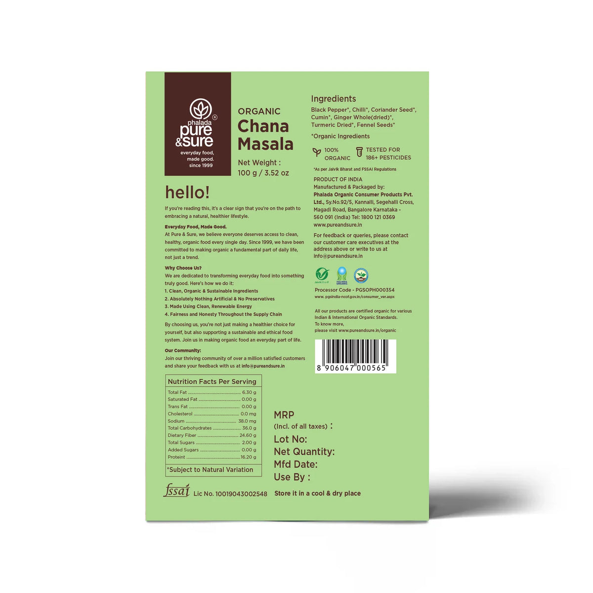 Back of the purepicked Pure & Sure organic chana masala pack showing the spice list and nutrition