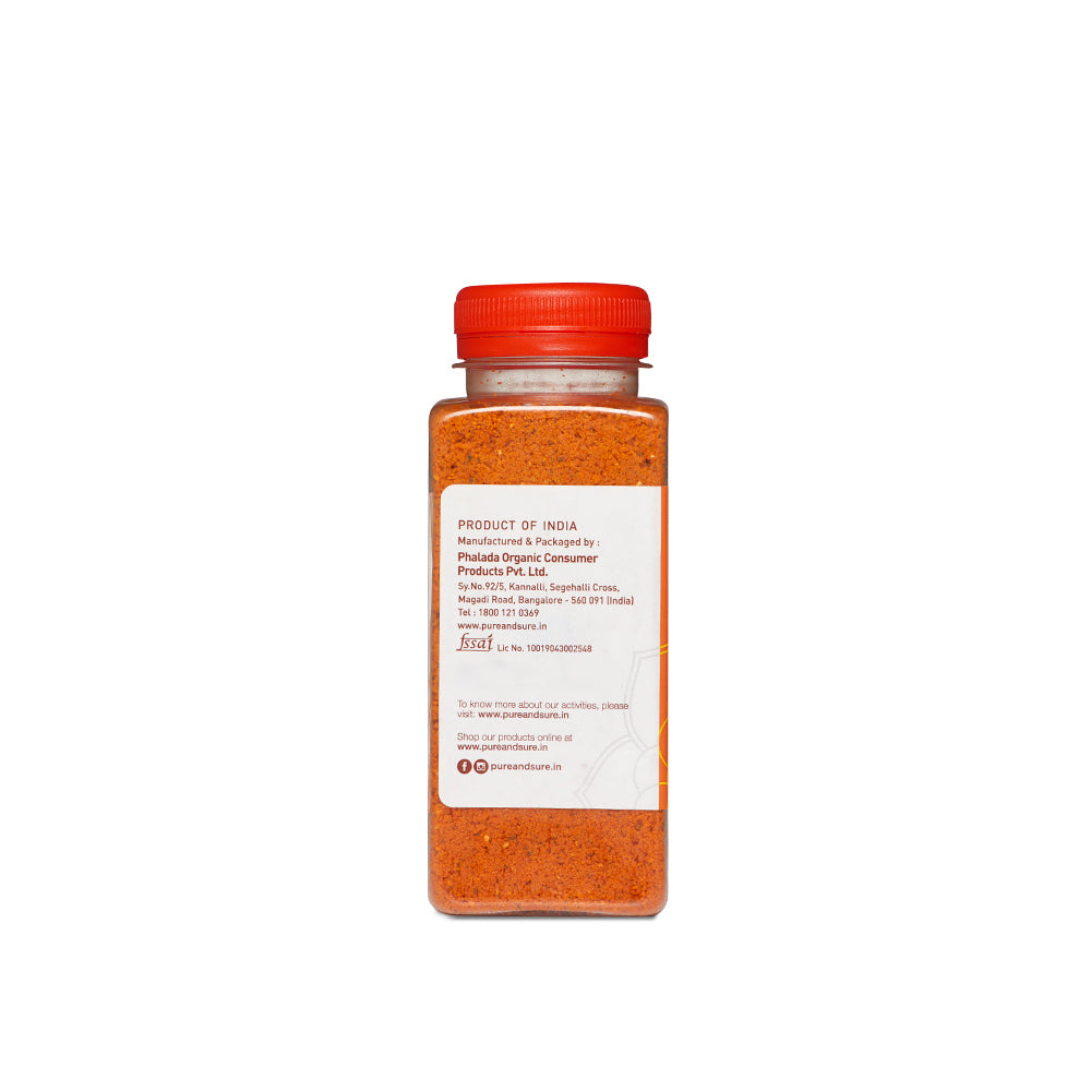 Pure & Sure Organic Groundnut Chutney Powder, 150 g jar, back label