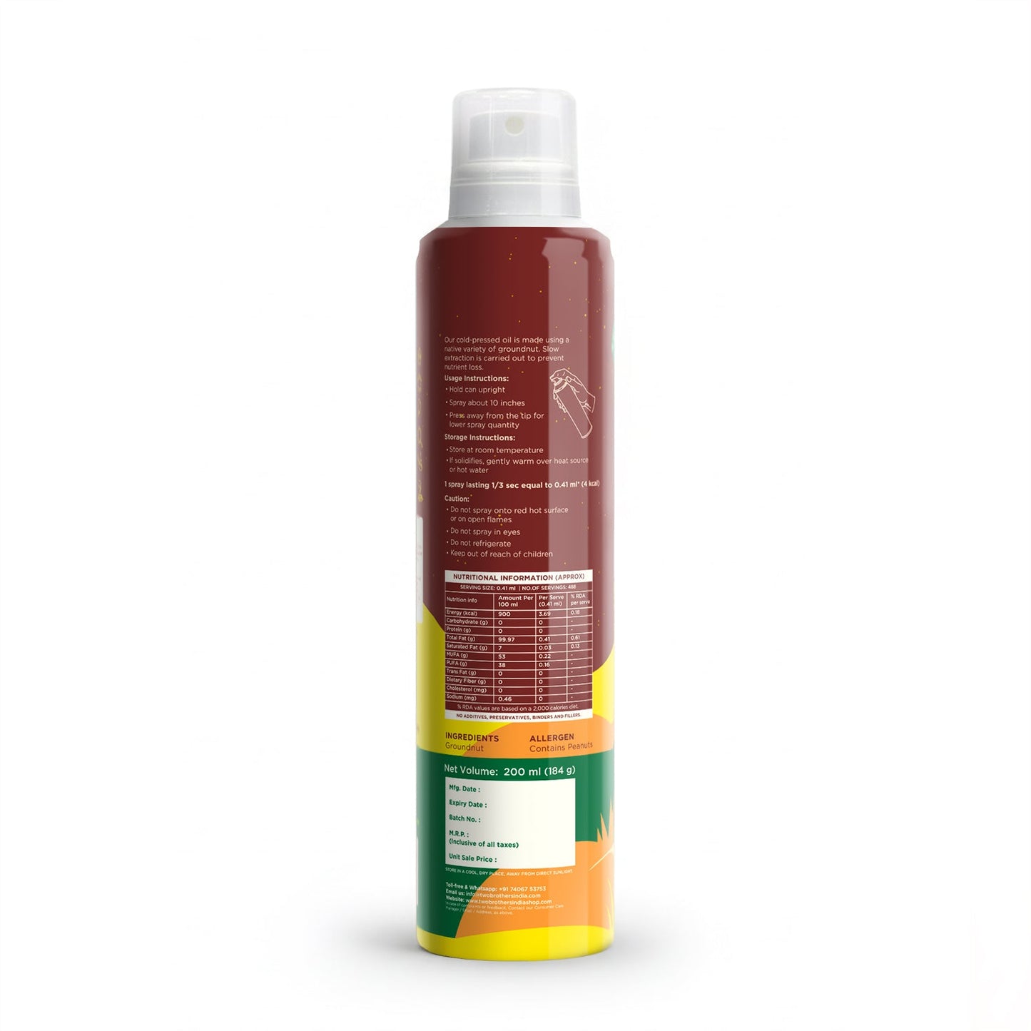 Groundnut Oil Spray back of pack with usage, storage and the nutrition table per 100 ml
