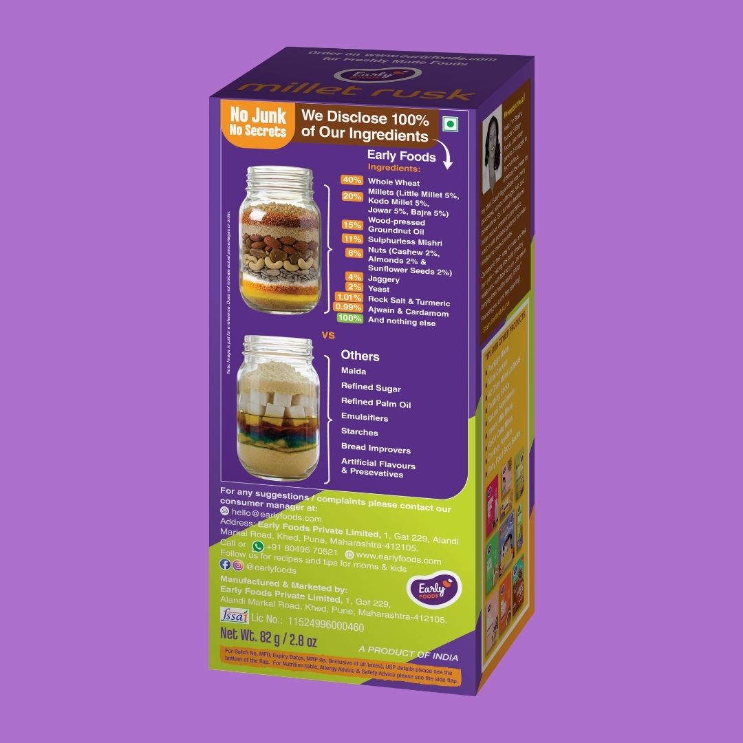 Multigrain Millet Rusk by Early Foods, back of pack with ingredients and FSSAI licence
