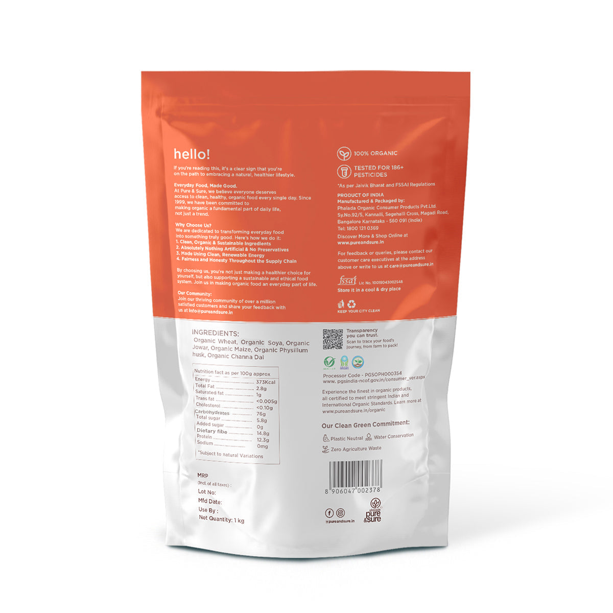 Back of the multigrain flour pack, showing ingredients, nutrition panel and packer details