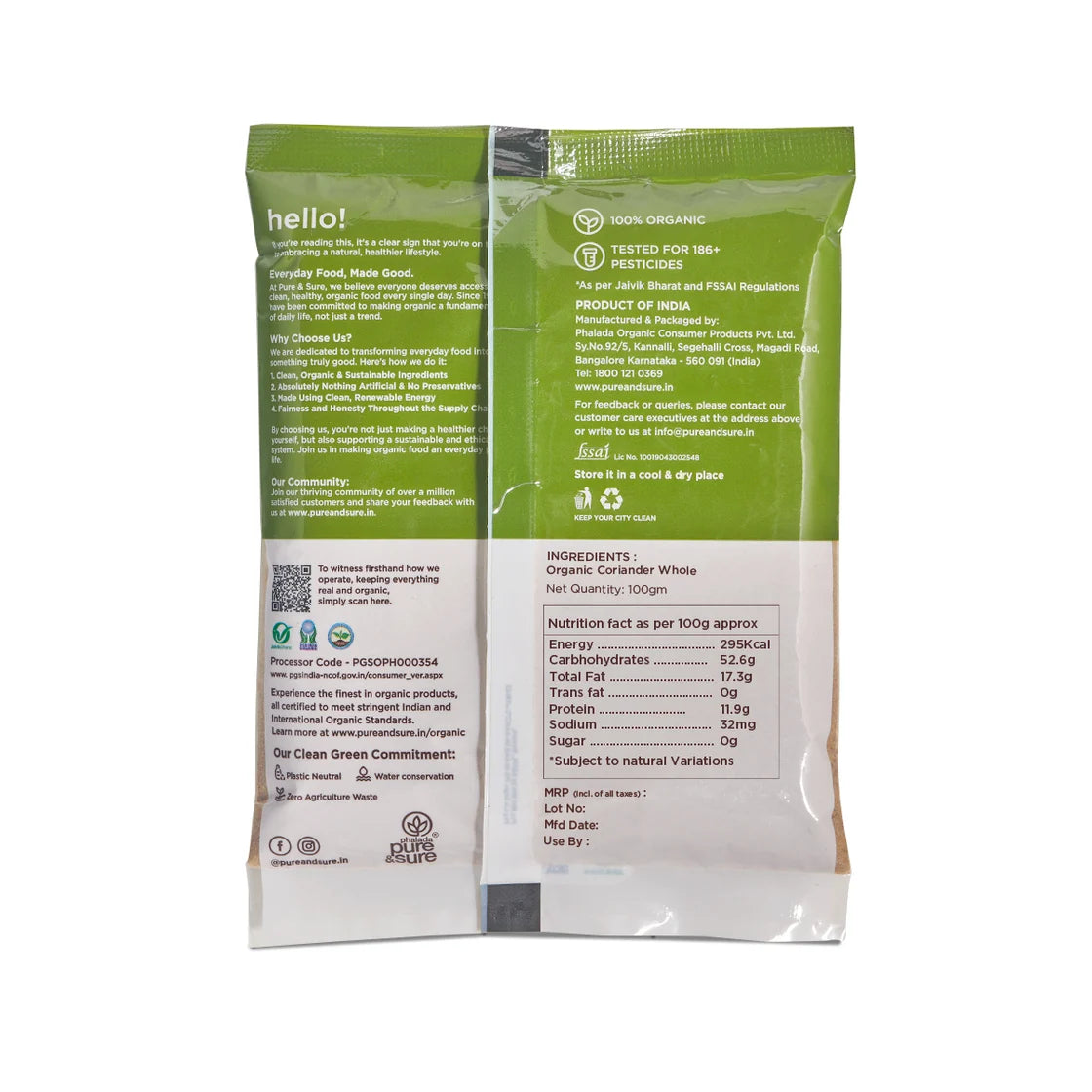 Back of the purepicked organic coriander powder pack showing ingredients and nutrition information
