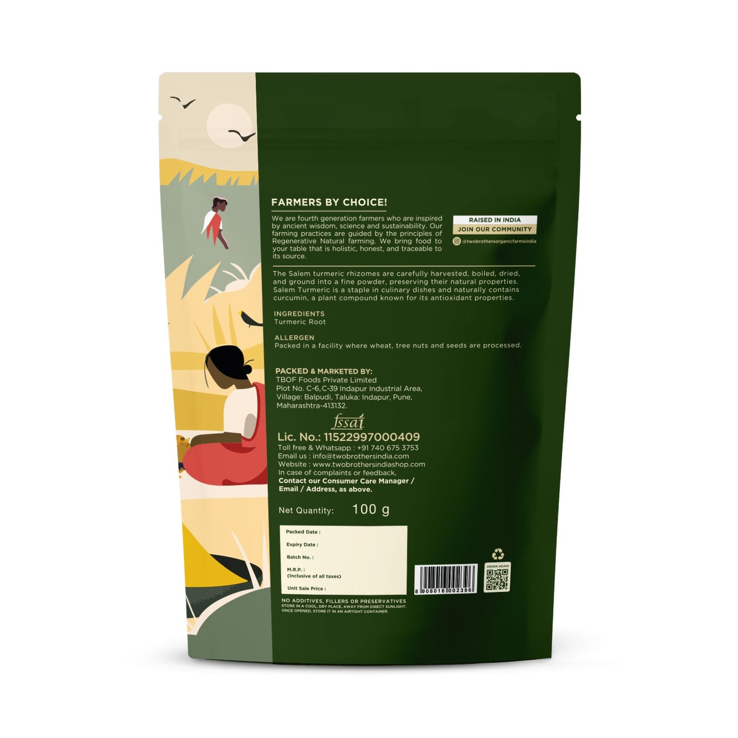 Back of the 100 g Salem Haldi turmeric powder pouch, showing ingredients, allergen note, packer address and FSSAI licence number
