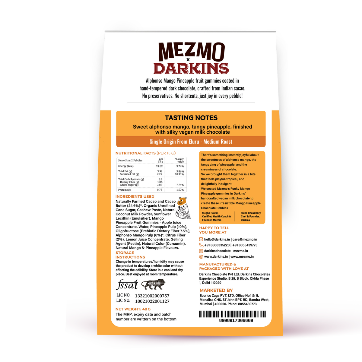 Back of pack showing ingredients, nutritional facts per 15g, FSSAI licence numbers and net weight 40g