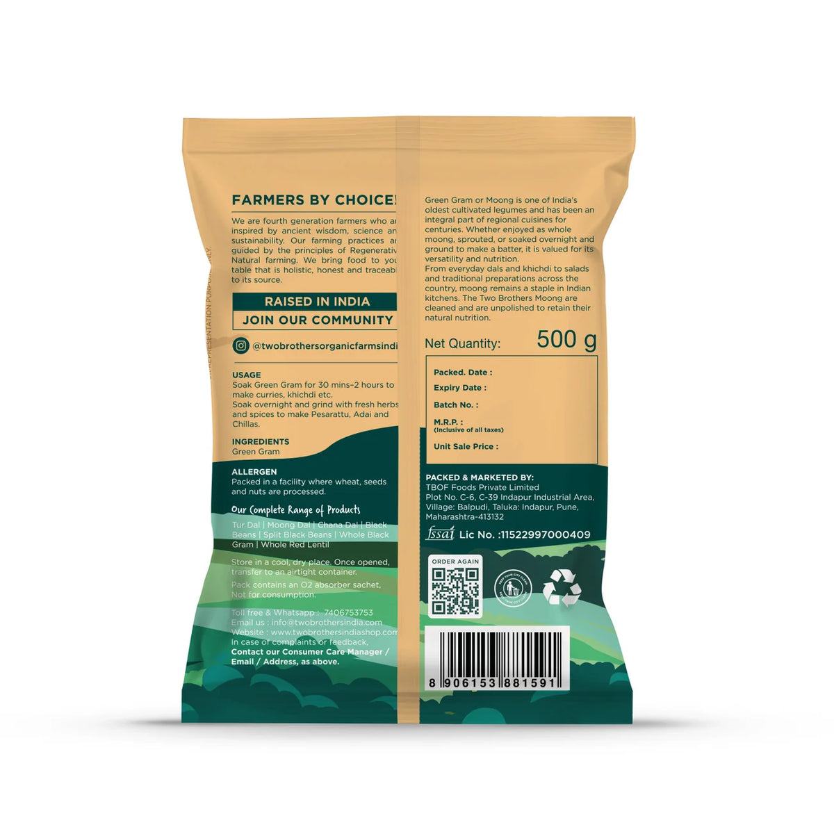 Back of the purepicked Two Brothers whole green moong pack showing ingredients and nutrition