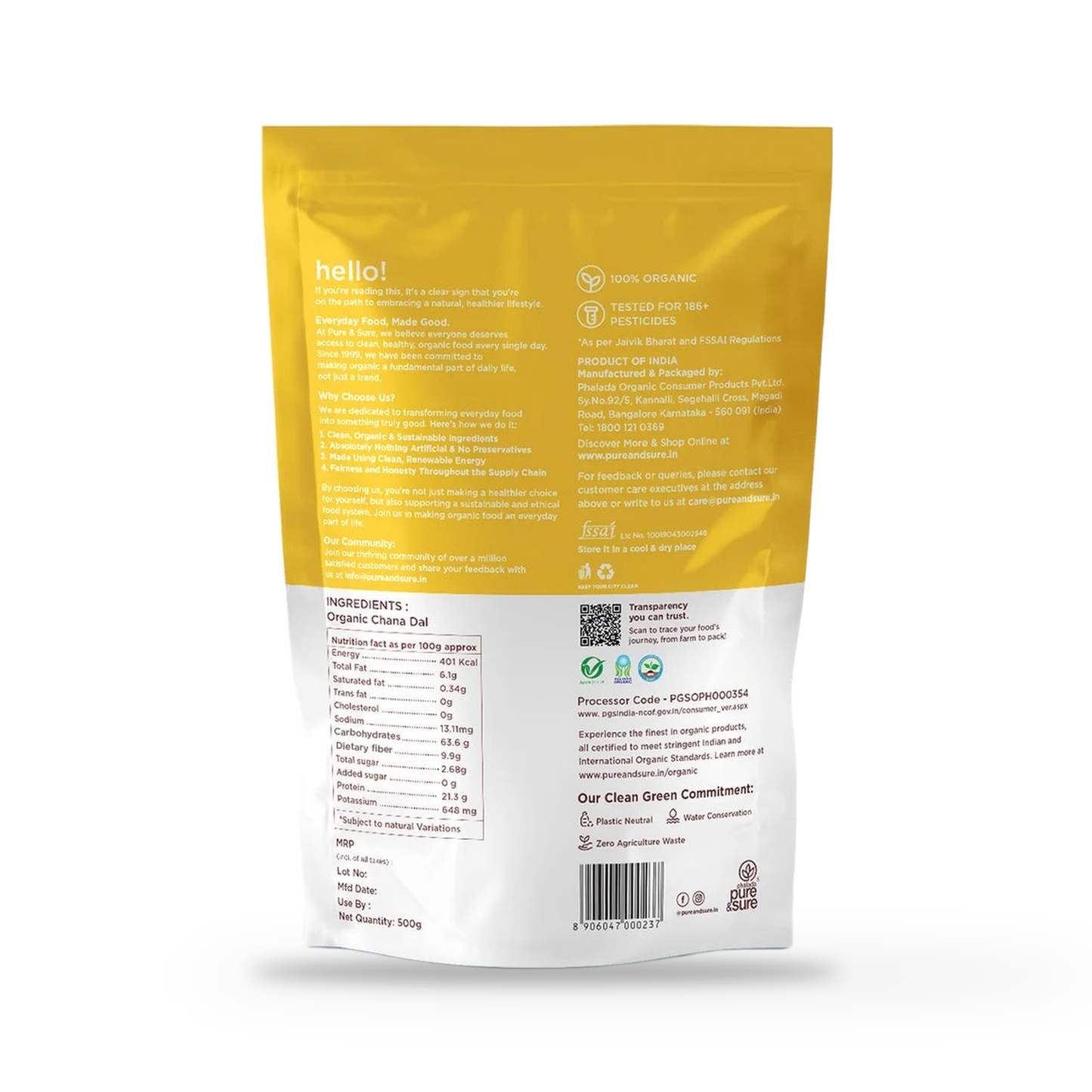 Back of the Pure & Sure Organic Chana Dal pack showing ingredients and nutrition information, on a plain white background