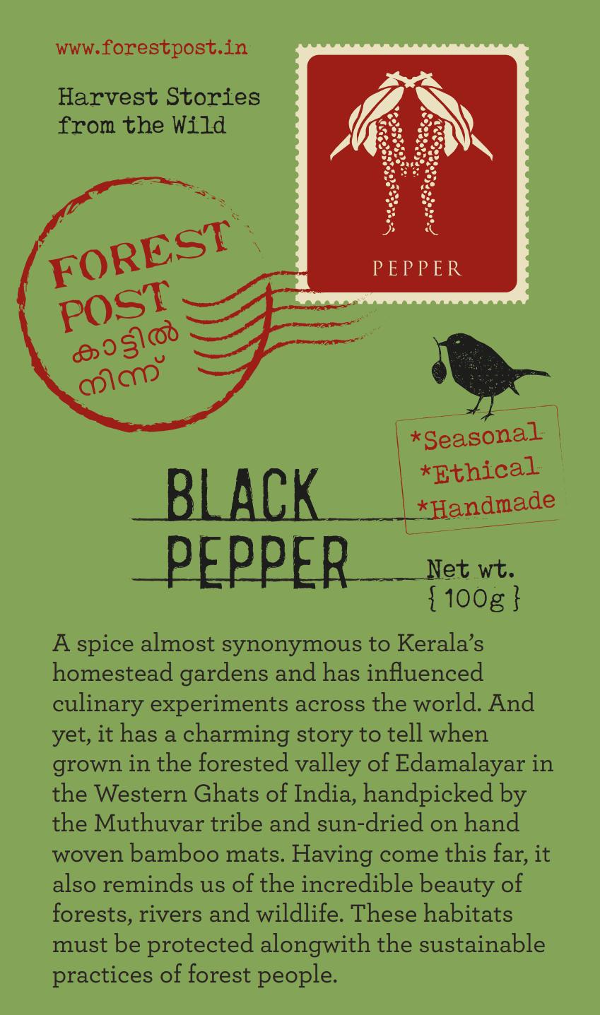Label artwork for Forest Post Black Pepper, showing sourcing details