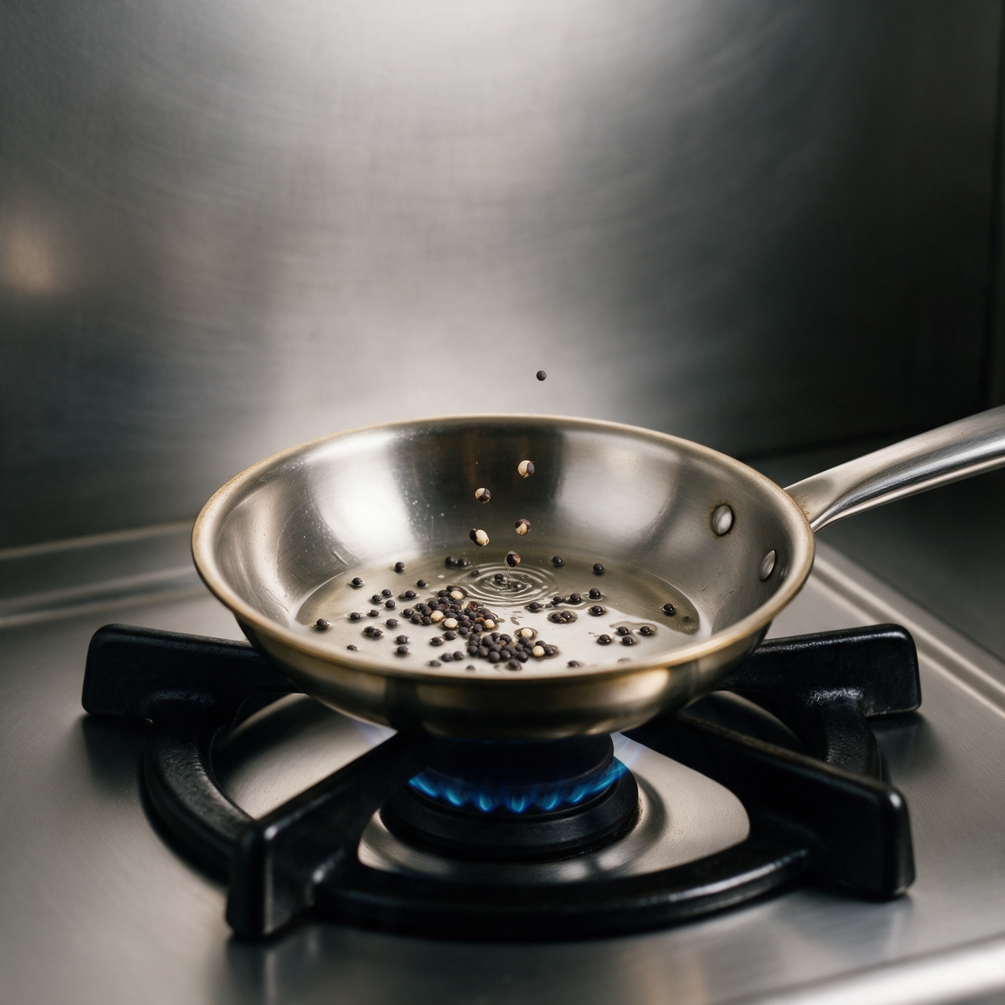 Mustard seeds popping in hot oil in a small steel tempering pan on a gas burner
