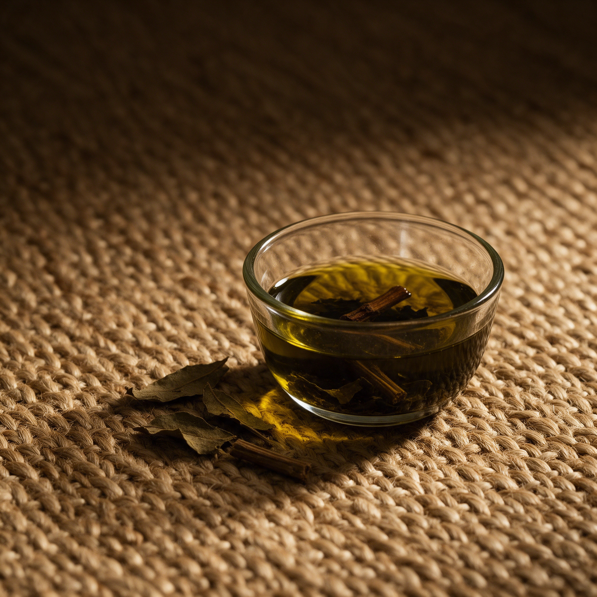 Nilanarakam herbal hair oil in a small glass bowl on jute, dried leaf and stem sediment settled beneath the dark amber oil