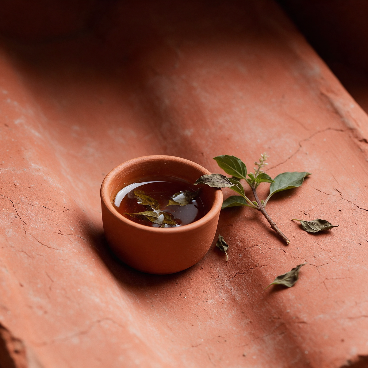 Spiced honey with tulsi served in a small unglazed terracotta bowl, fresh tulsi sprig and dried leaves alongside