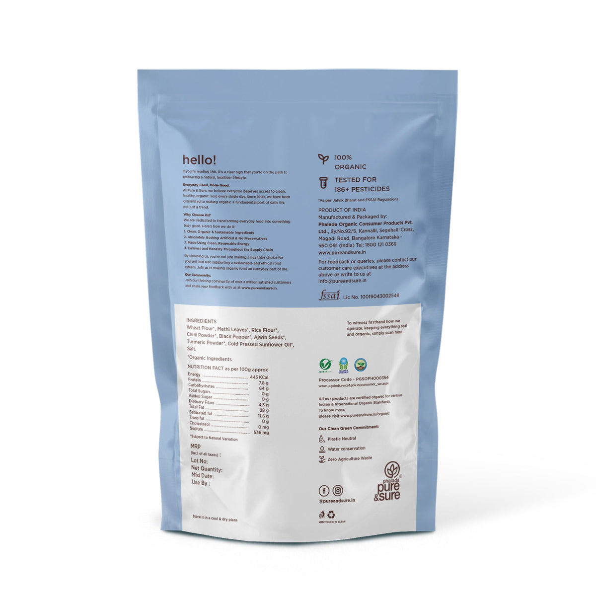 Back of the purepicked methi sticks pack showing ingredients and nutrition information