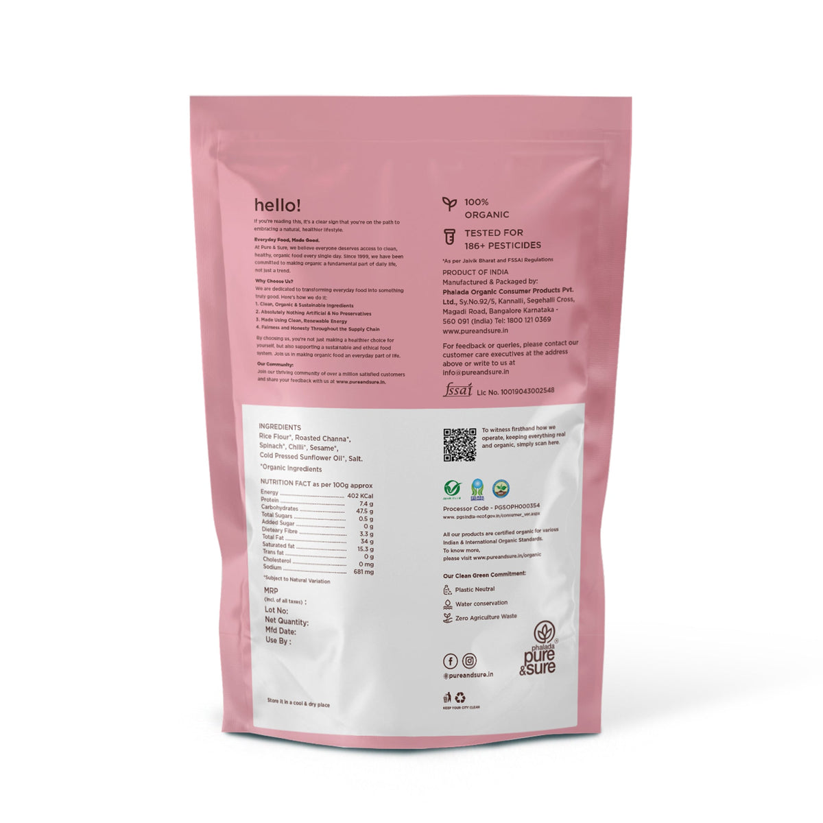 Back of the purepicked palak chakli pack showing ingredients and nutrition information