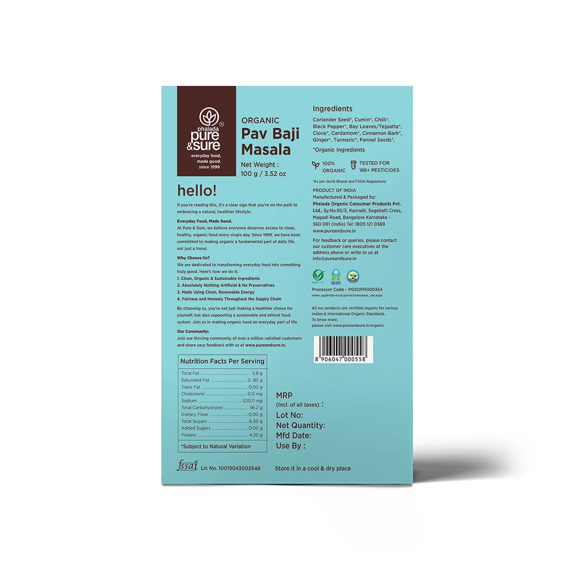 Back of the purepicked organic pav bhaji masala pack showing the spice list and nutrition