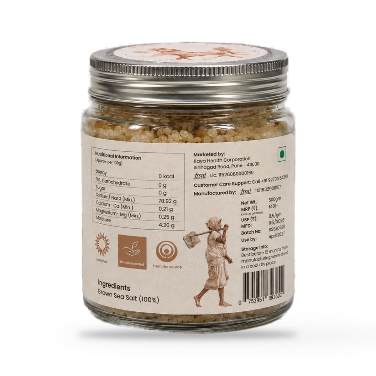 Back label of the Salt & Folks Brown Sea Salt jar with ingredients and nutrition