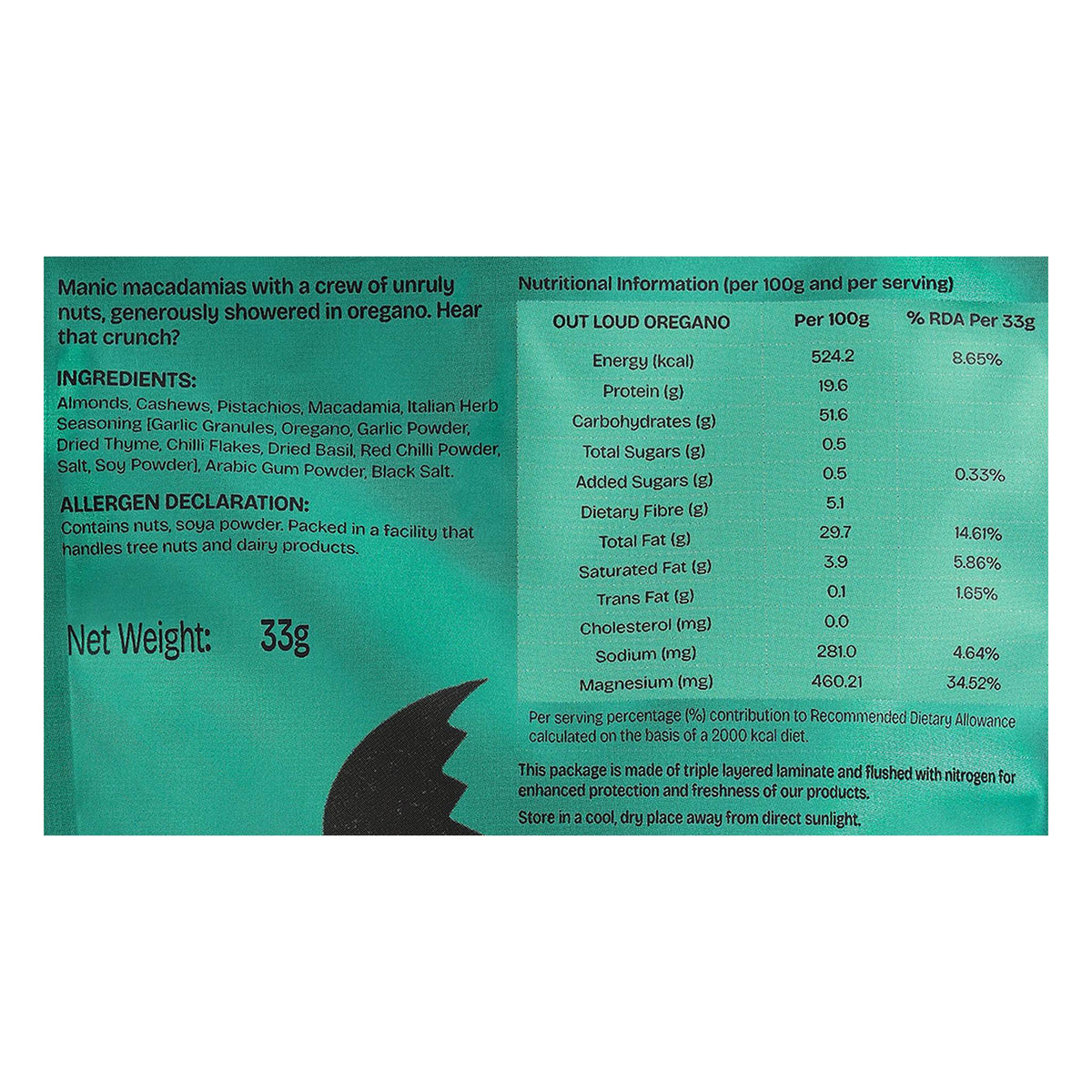 Must Be Nuts Out Loud Oregano Nut Mix back of pack: ingredients, allergens and nutrition table