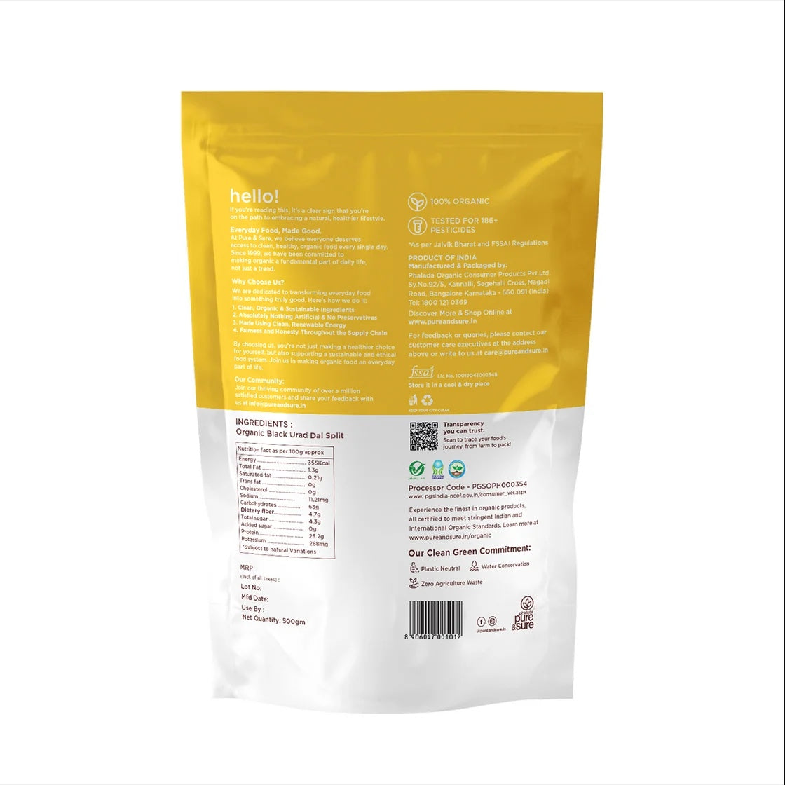 Back of purepicked organic black urad dal split pouch featuring nutritional information and ingredient details