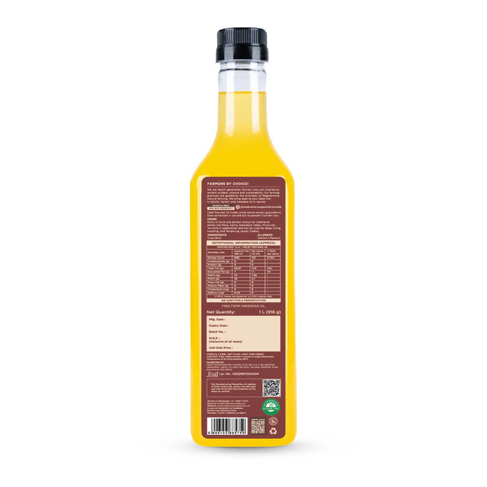 purepicked cold-pressed groundnut oil bottle showing nutritional information and product details on the back label
