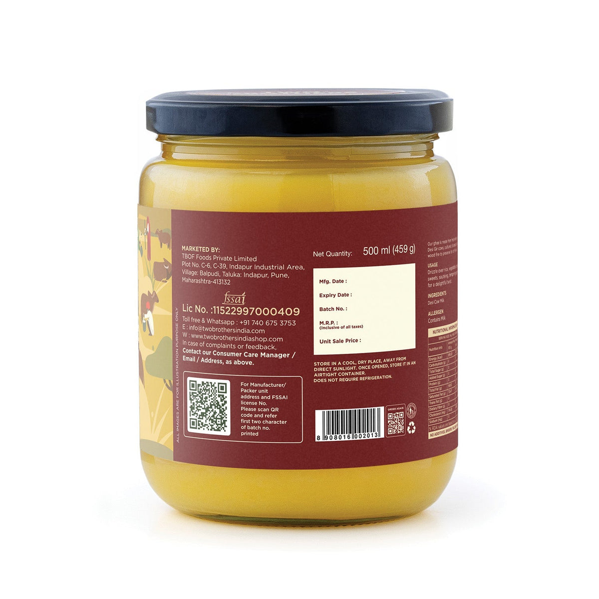 purepicked Desi Gir Cow A2 cultured ghee in a 500ml glass jar with a detailed product label