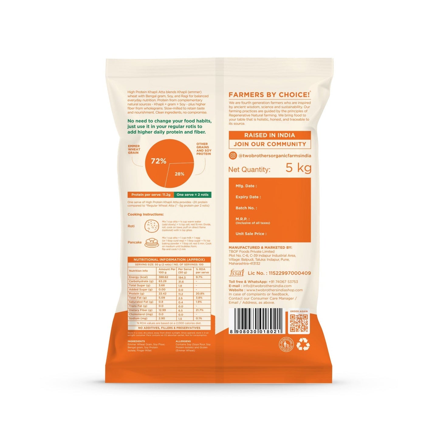 Back of purepicked High Protein Khapli Atta 5kg bag showing nutritional information, ingredients, and cooking tips.
