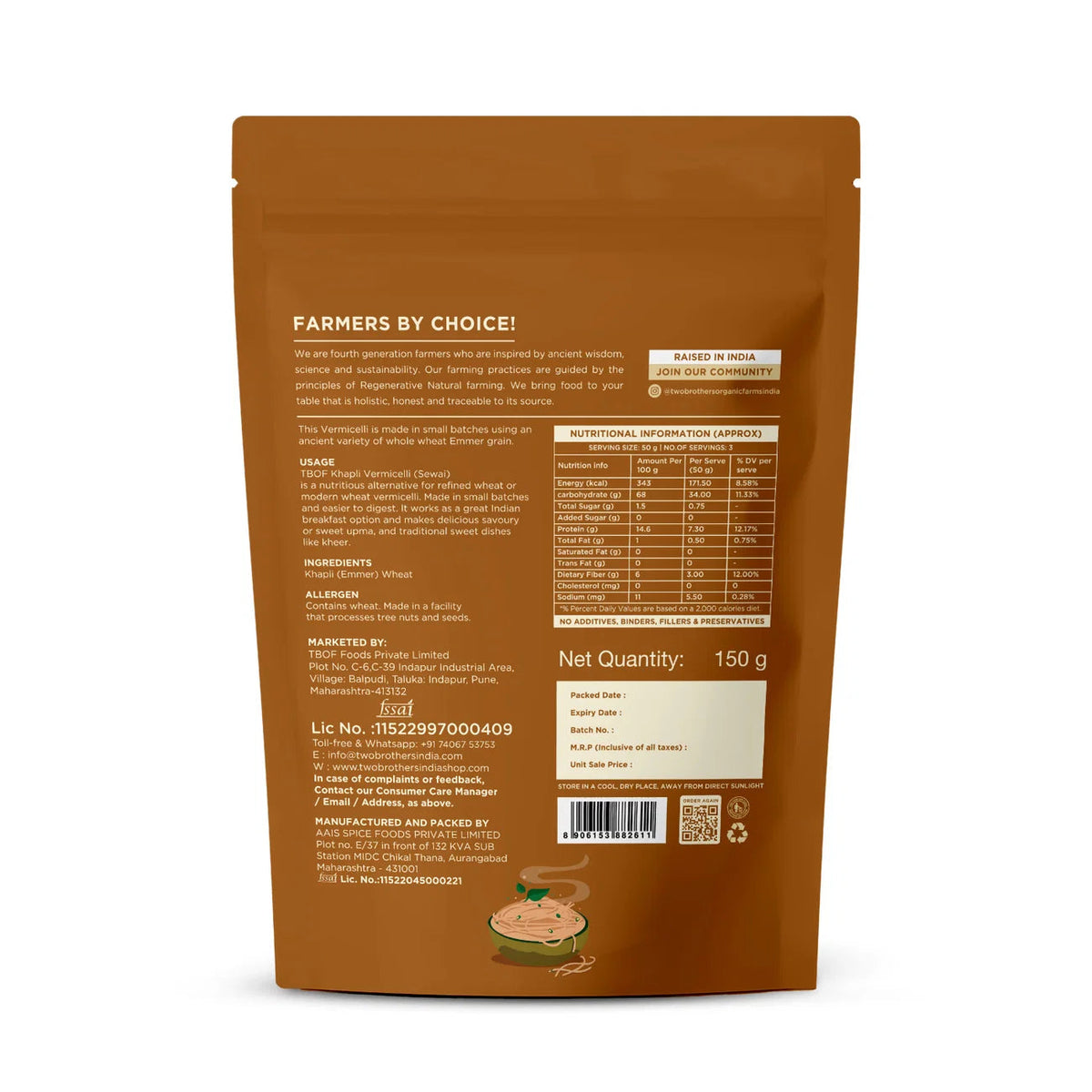 purepicked Khapli Vermicelli packaging back view showing nutritional information and ingredients list