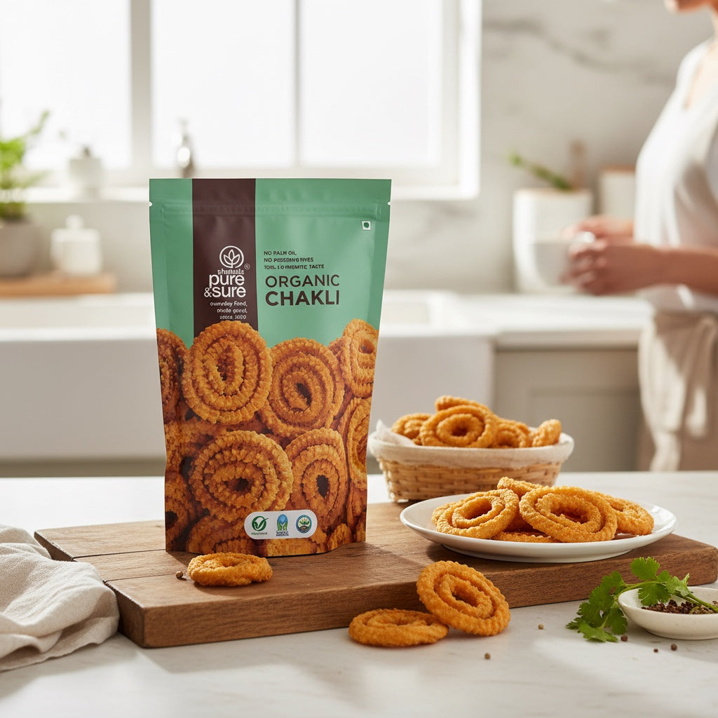purepicked organic chakli snack in a green pouch on a wooden board with a plate of crispy fried spiral snacks