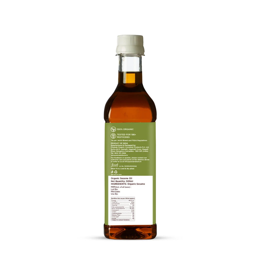 purepicked organic cold-pressed sesame oil in a glass bottle with a green label showing nutritional information