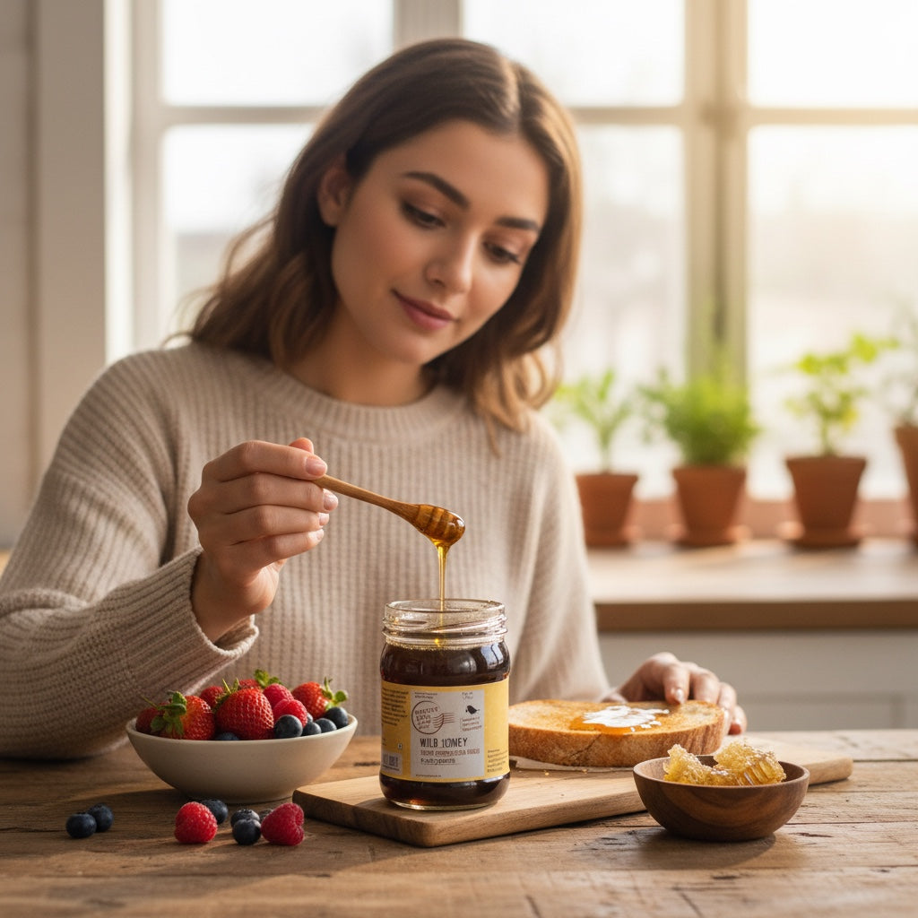 purepicked Wild Honey from stingless bees in a glass jar, being drizzled onto toast by a woman in a bright kitchen.