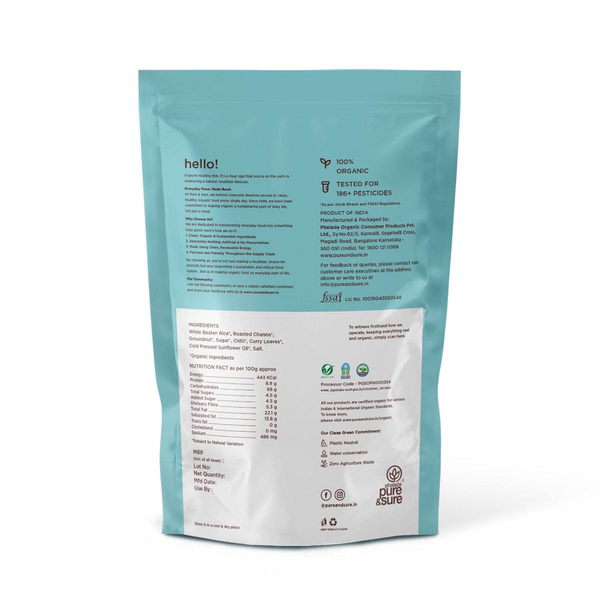 Back of the purepicked sweet and salt chiwda pack showing ingredients and nutrition information