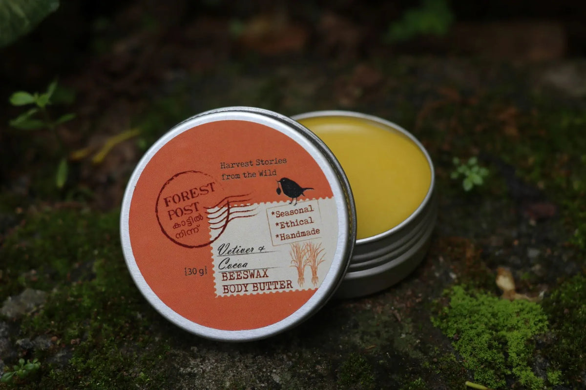 Forest Post Vetiver Cocoa Body Butter tin, front of pack