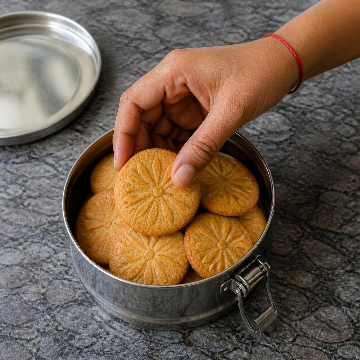 Multigrain Millet Jaggery Cookies by Early Foods taken from a steel tiffin box