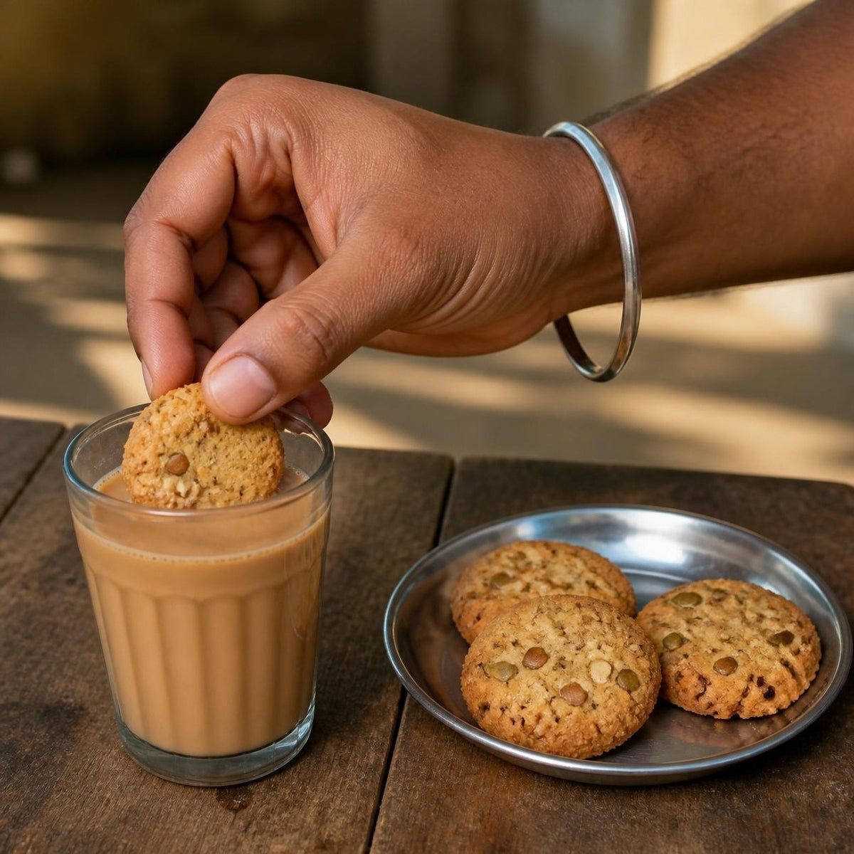Dry Fruits & Seeds Jaggery Cookie by Early Foods dipped in a glass of chai