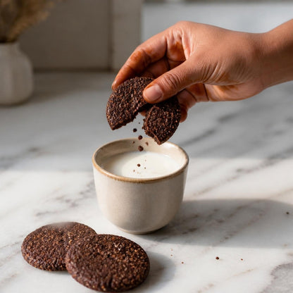 Ragi & Choco Jaggery Cookie by Early Foods broken over a cup of warm milk