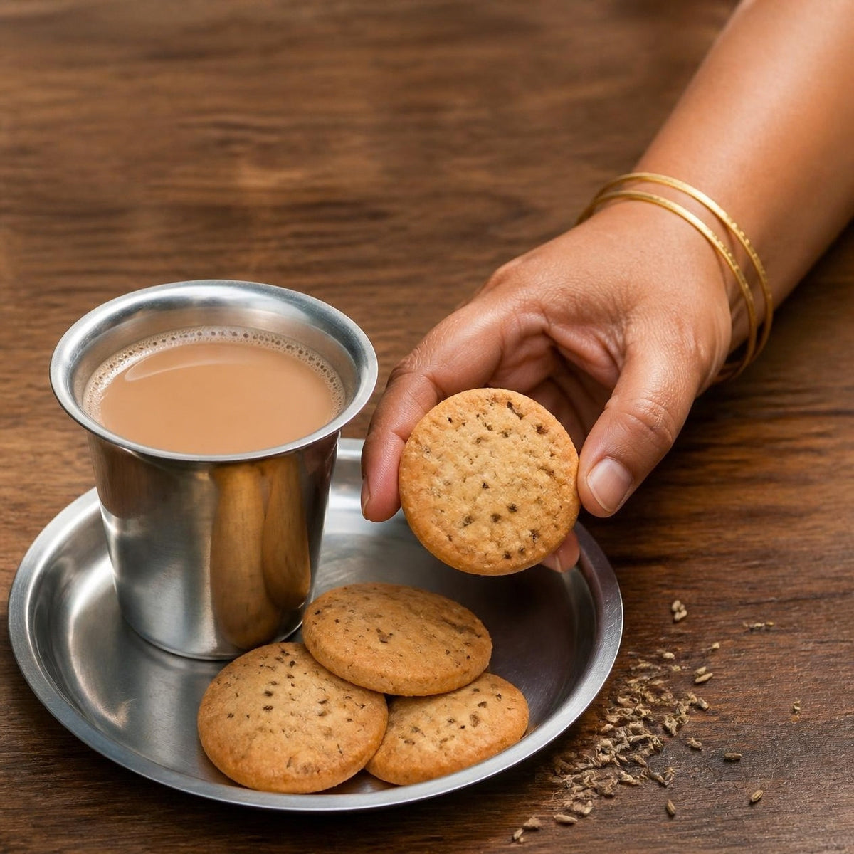 Ajwain & Jeera Jaggery Cookie by Early Foods with masala chai in a steel tumbler