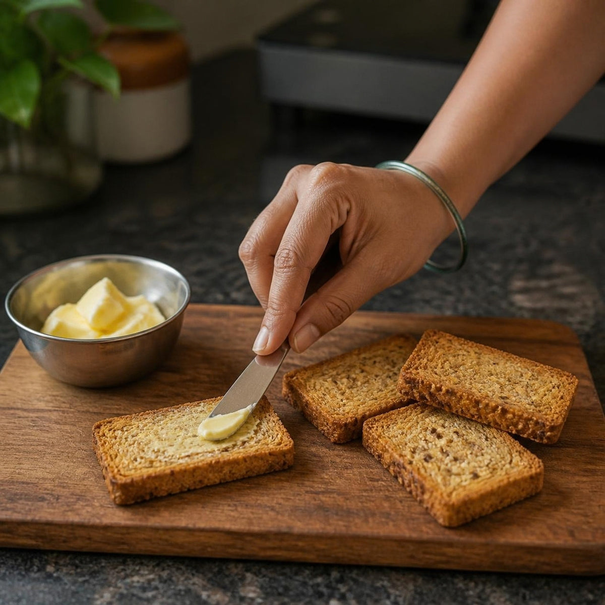 Multigrain Millet Rusk by Early Foods with butter spread on top