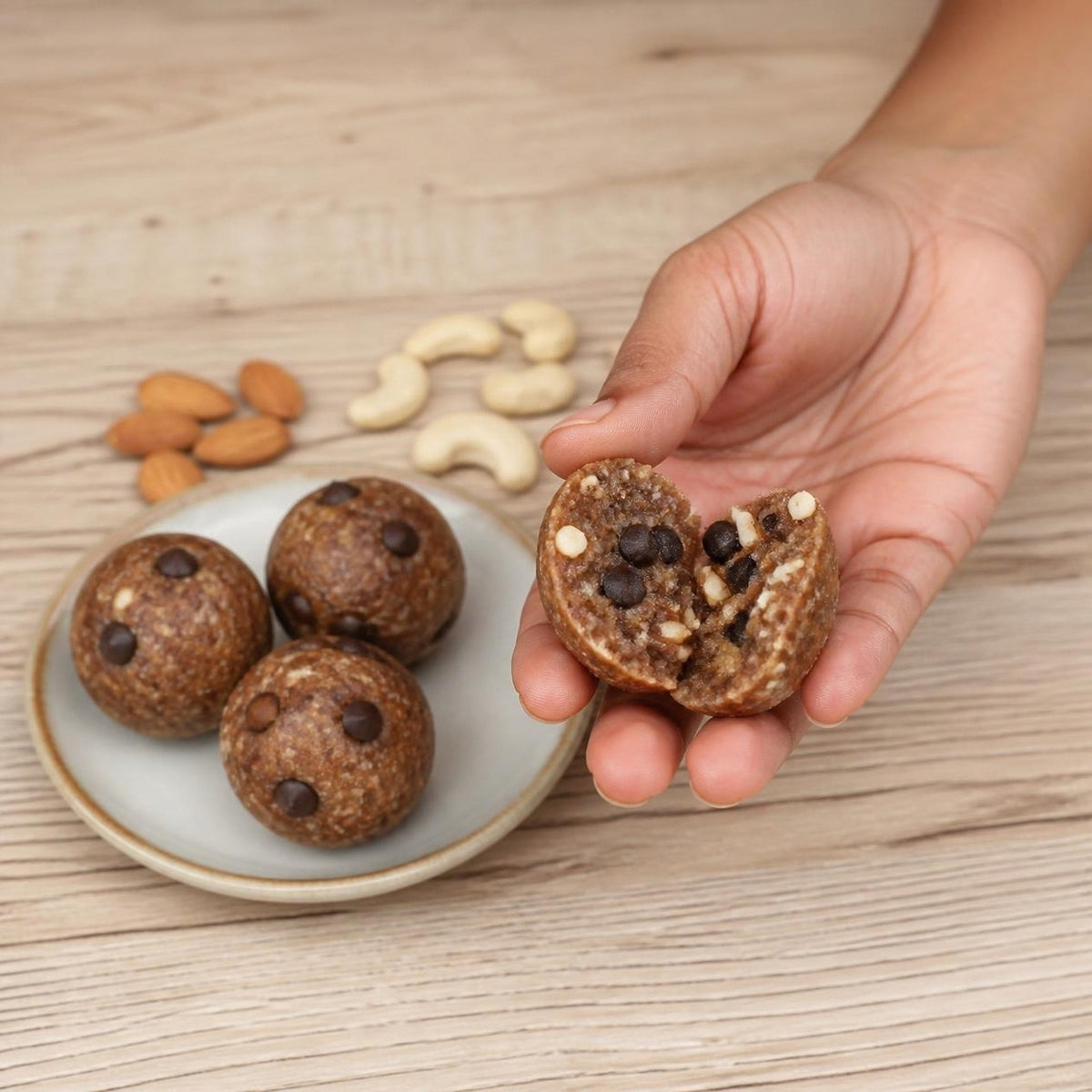 Dry Fruit Choco Chip Laddoo by Early Foods broken open to show the choco chips