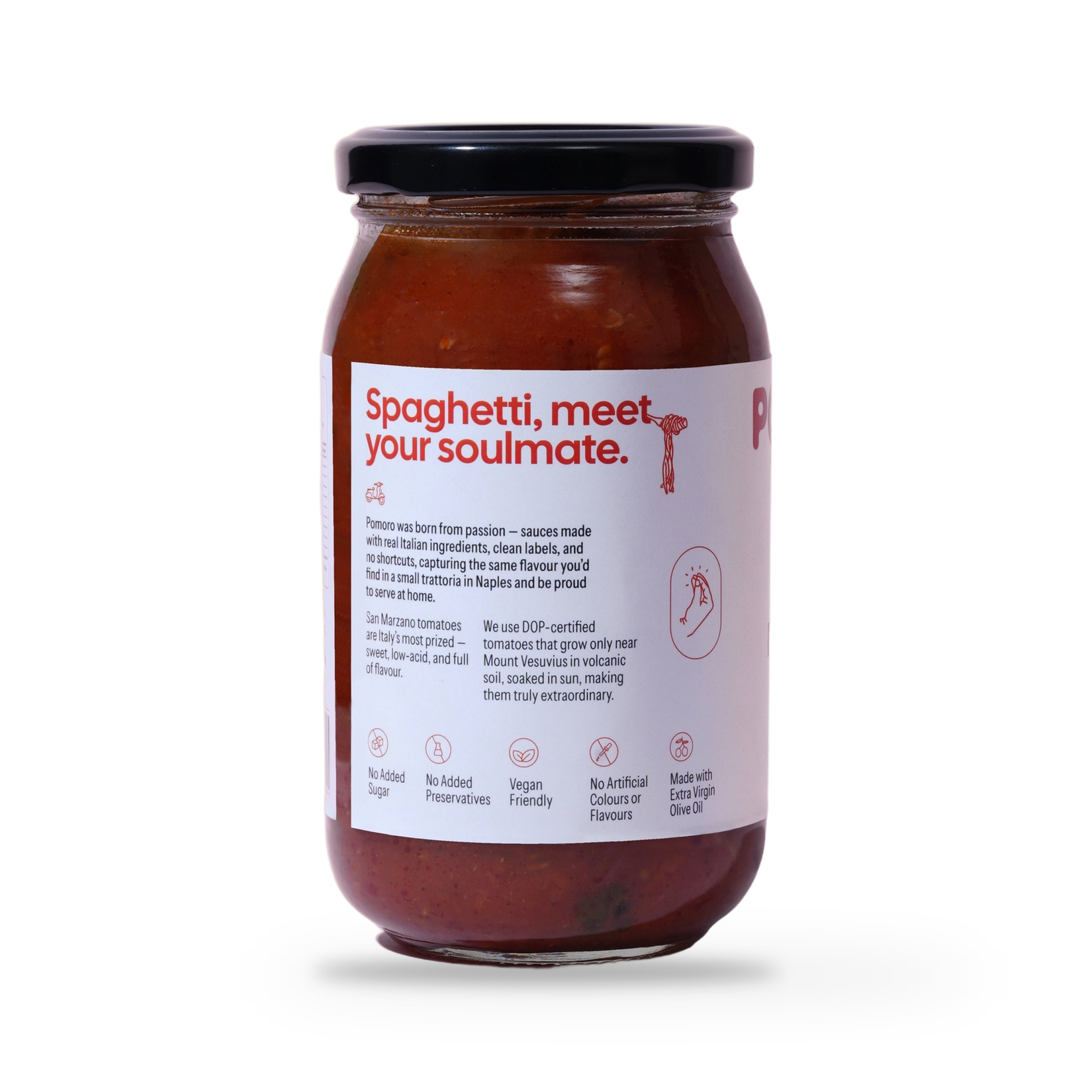 Pomoro Classic Marinara jar turned to show the label with ingredients and product details, on a plain white background