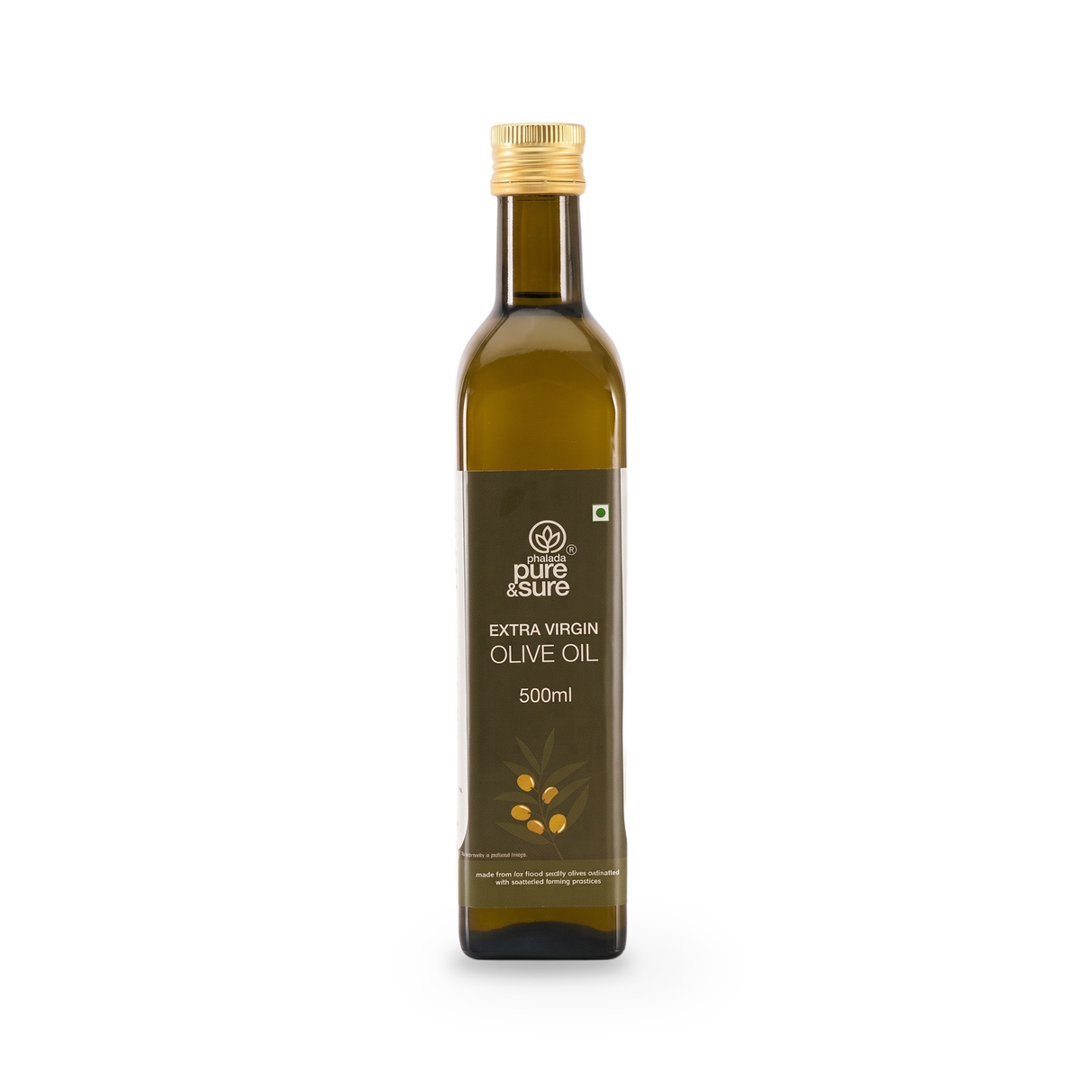 Pure & Sure Extra Virgin Olive Oil 500ml bottle, front of pack, on a plain white background