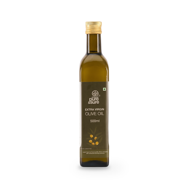 Pure & Sure Extra Virgin Olive Oil 500ml bottle, front of pack, on a plain white background
