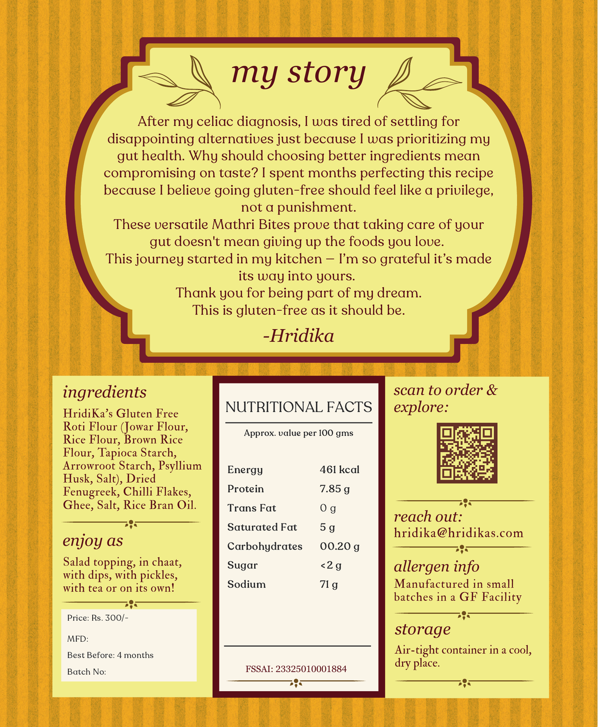 Back of the HridiKa's Gluten Free Methi Mathri Bites pack showing ingredients, nutritional facts, allergen and storage information