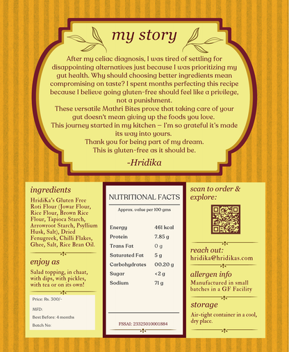Back of the HridiKa's Gluten Free Methi Mathri Bites pack showing ingredients, nutritional facts, allergen and storage information