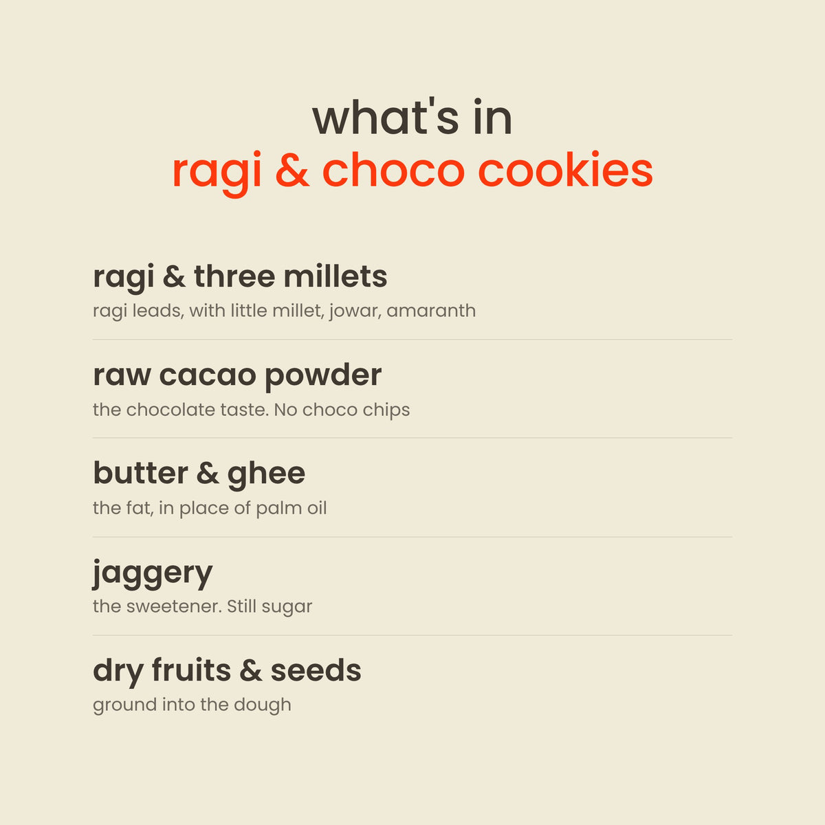 What is in Early Foods Ragi & Choco Jaggery Cookies: ragi & three millets, raw cacao powder, butter & ghee, jaggery, dry fruits & seeds