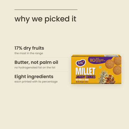 Why Purepicked picked Early Foods Dry Fruits & Seeds Jaggery Cookies: 17% dry fruits, Butter, not palm oil, Eight ingredients