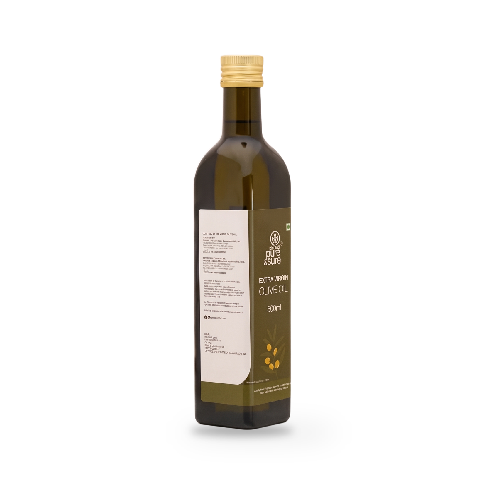 Pure & Sure Extra Virgin Olive Oil 500ml bottle turned to show the printed information panel, on a plain white background