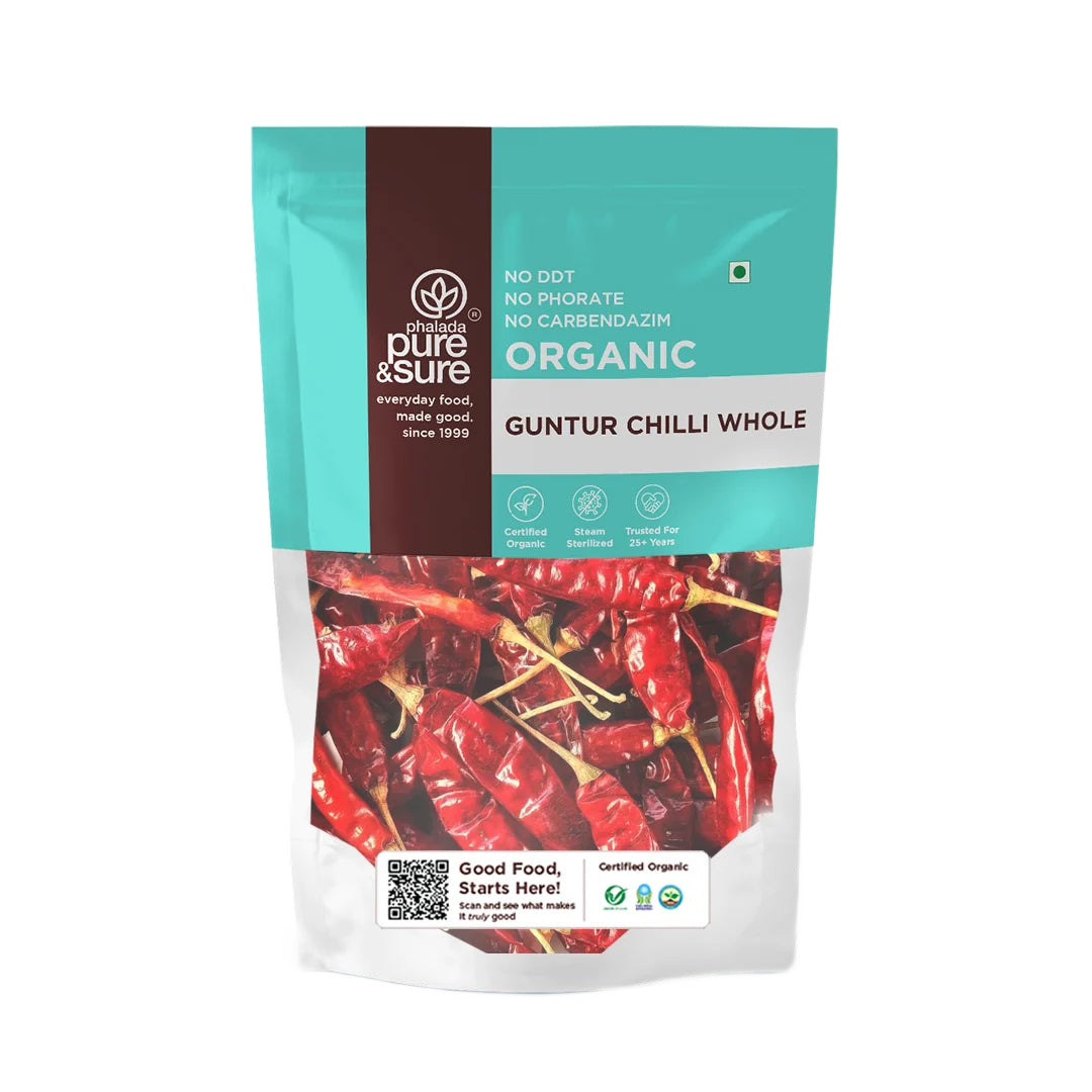 Pure & Sure Organic Guntur Chilli Whole pack, front